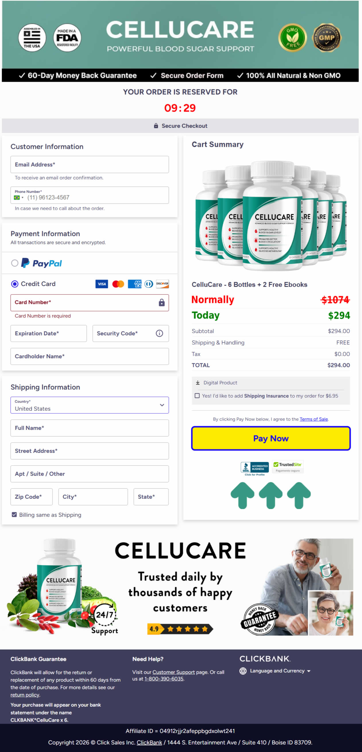 CelluCare Order Checkout Page
